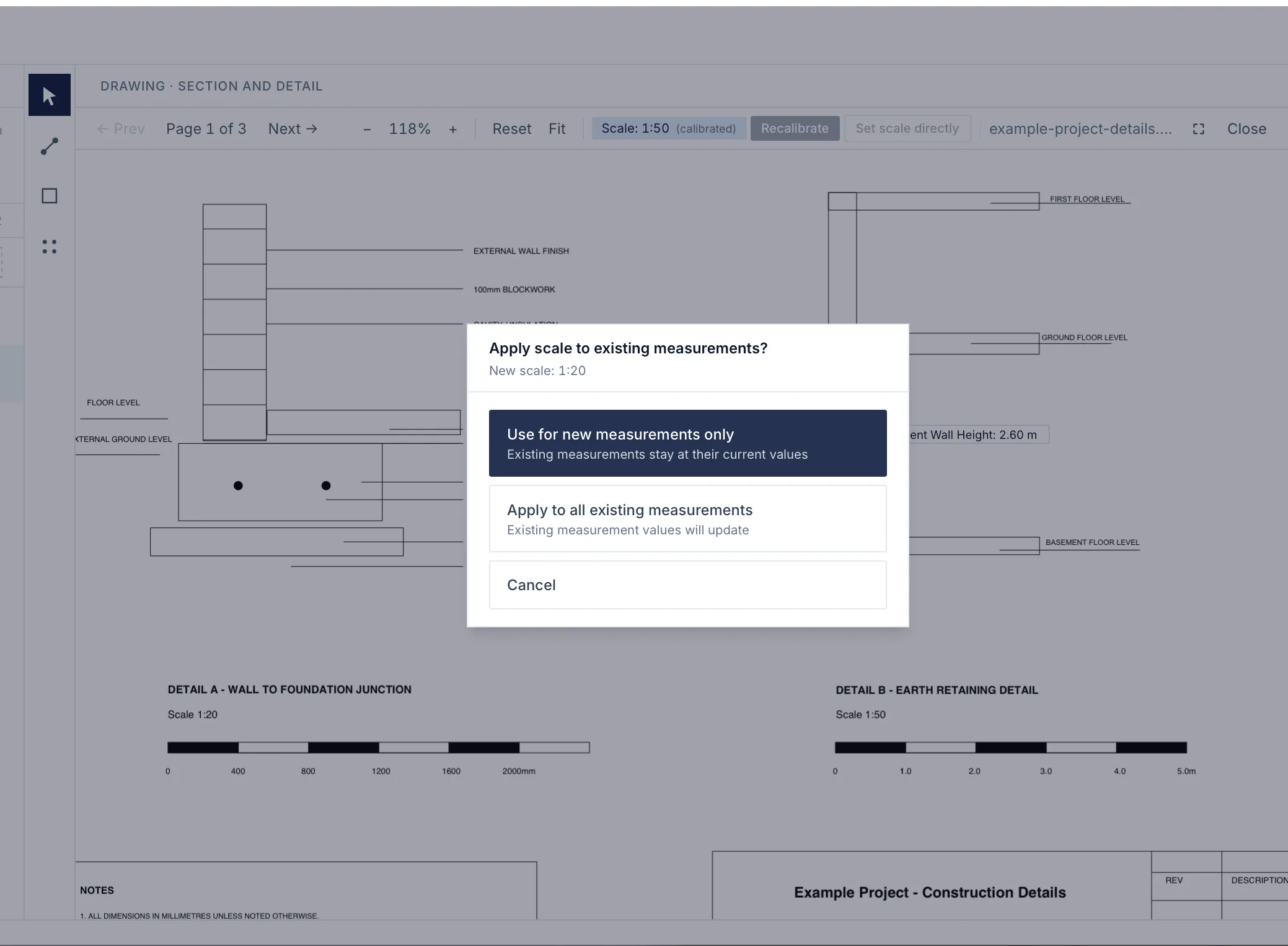 MarkMetric prompting whether a new scale applies to new measurements only or all existing ones