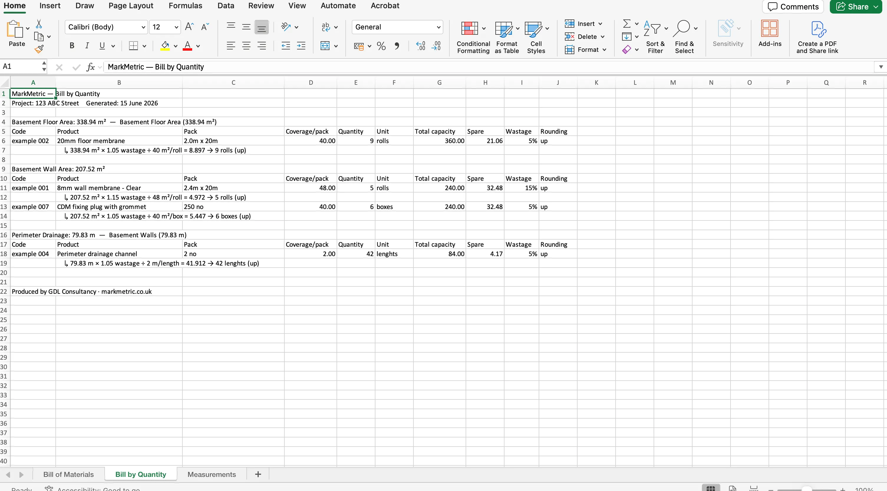 An Excel bill by quantity showing area, wastage, coverage and rounding for each line.
