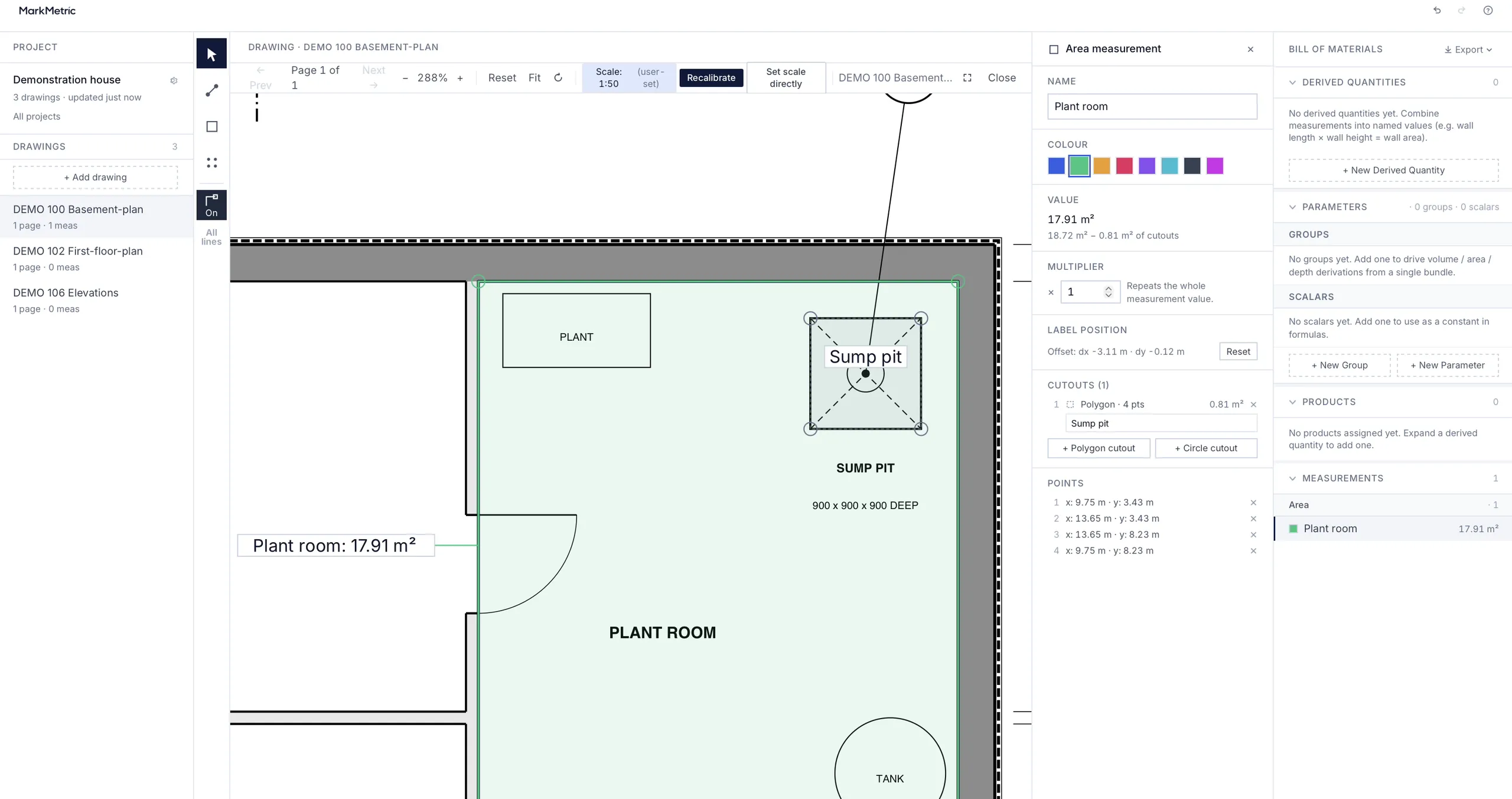 MarkMetric’s basement plan with the Plant room area selected and a dashed Sump pit cut-out inside it; the panel reads 17.91 m², 18.72 m² − 0.81 m² of cutouts