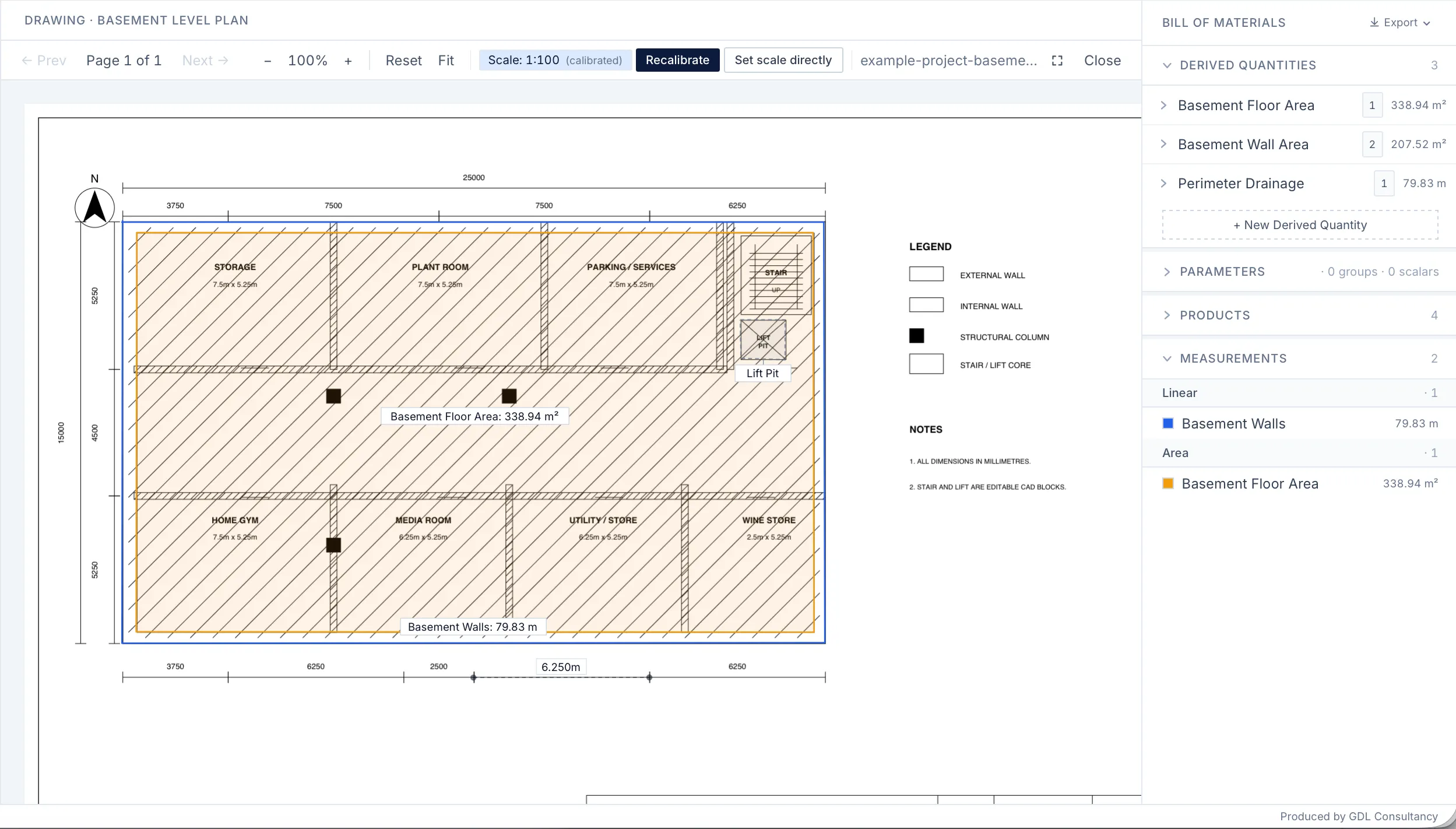 Derived quantities panel showing floor area, wall area and perimeter drainage built from measurements