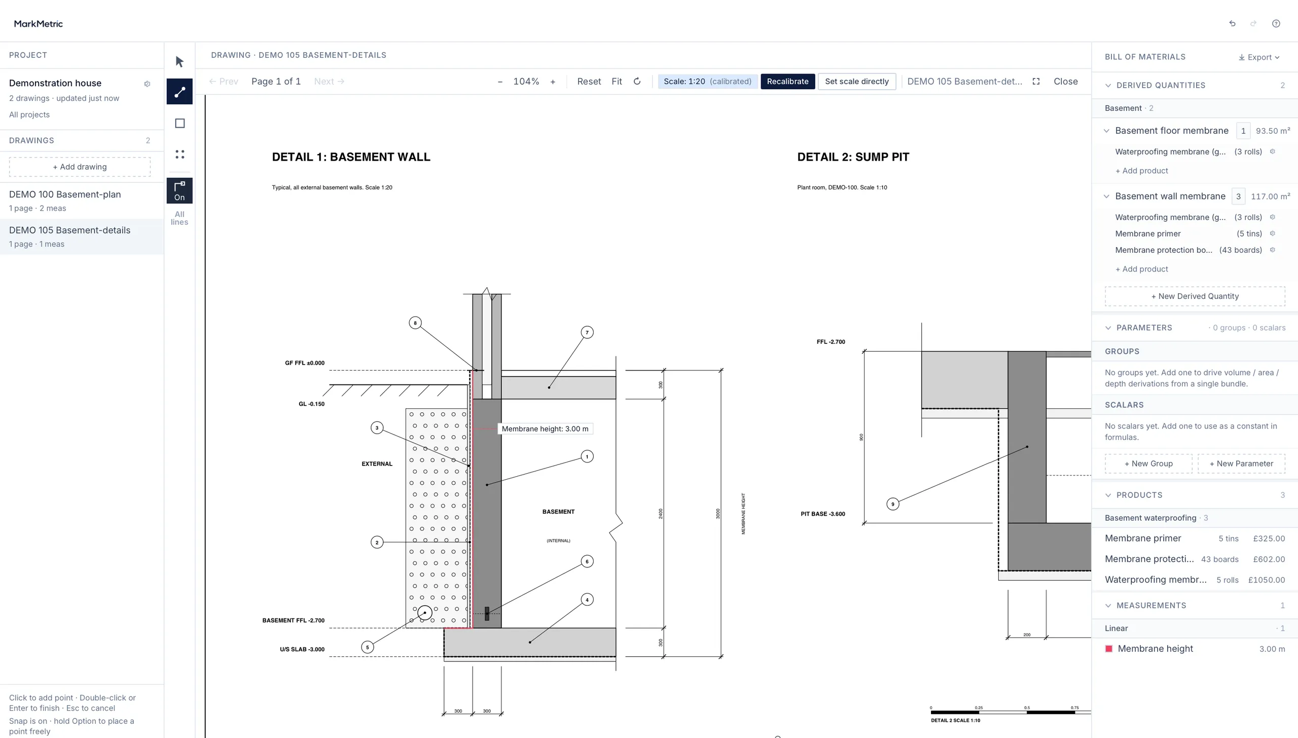 MarkMetric’s derived quantities: Basement floor membrane 93.50 m² and Basement wall membrane 117.00 m², each with the products assigned to it, beside a basement wall detail at 1:20