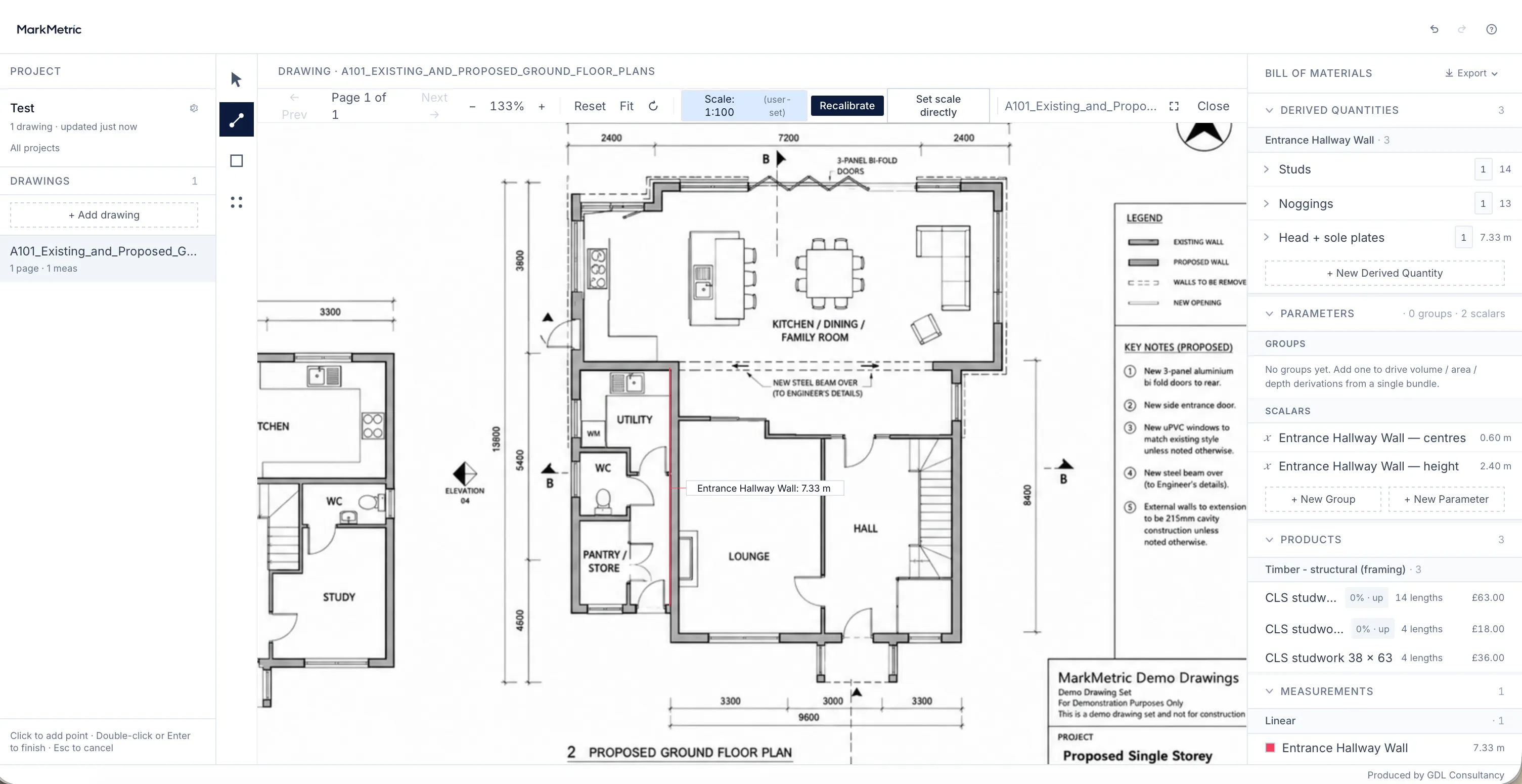 A MarkMetric priced take-off: studs, noggings and plates as grouped quantities, timber packed into whole stock lengths and priced from the user’s own catalogue
