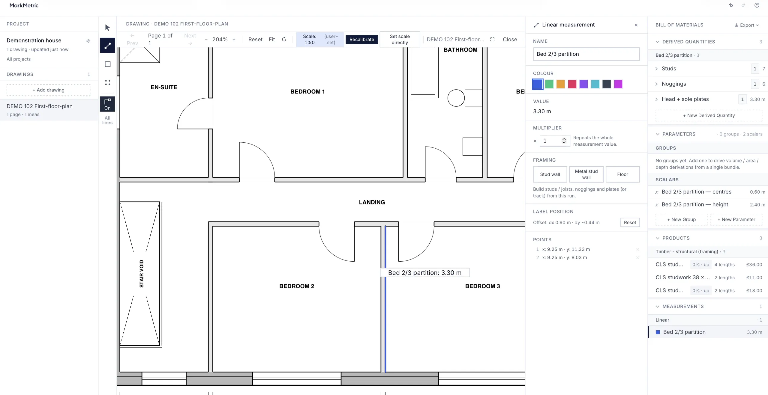 MarkMetric’s Bill of Materials panel after the stud-wall preset: the Bed 2/3 partition group with Studs 7, Noggings 6 and Head + sole plates 3.30 m, and the CLS timber in Products as whole lengths, priced