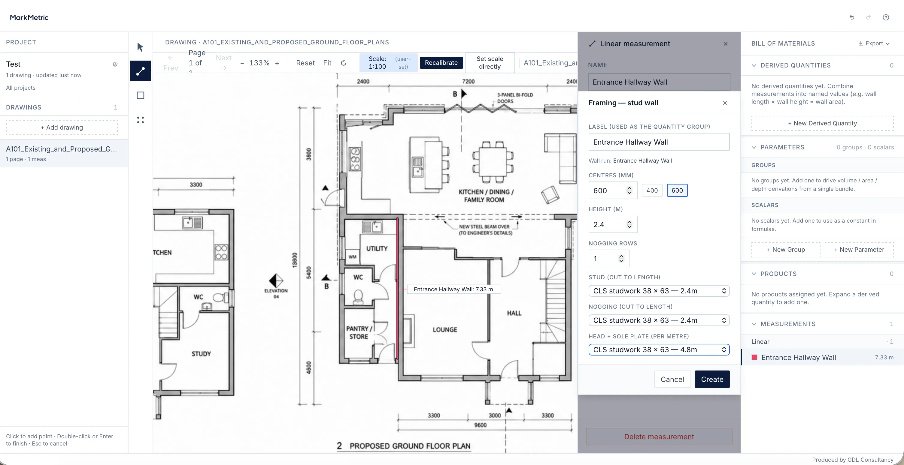 MarkMetric’s stud-wall preset dialog: centres and height entered, CLS sections picked, building the studs, noggings and plates