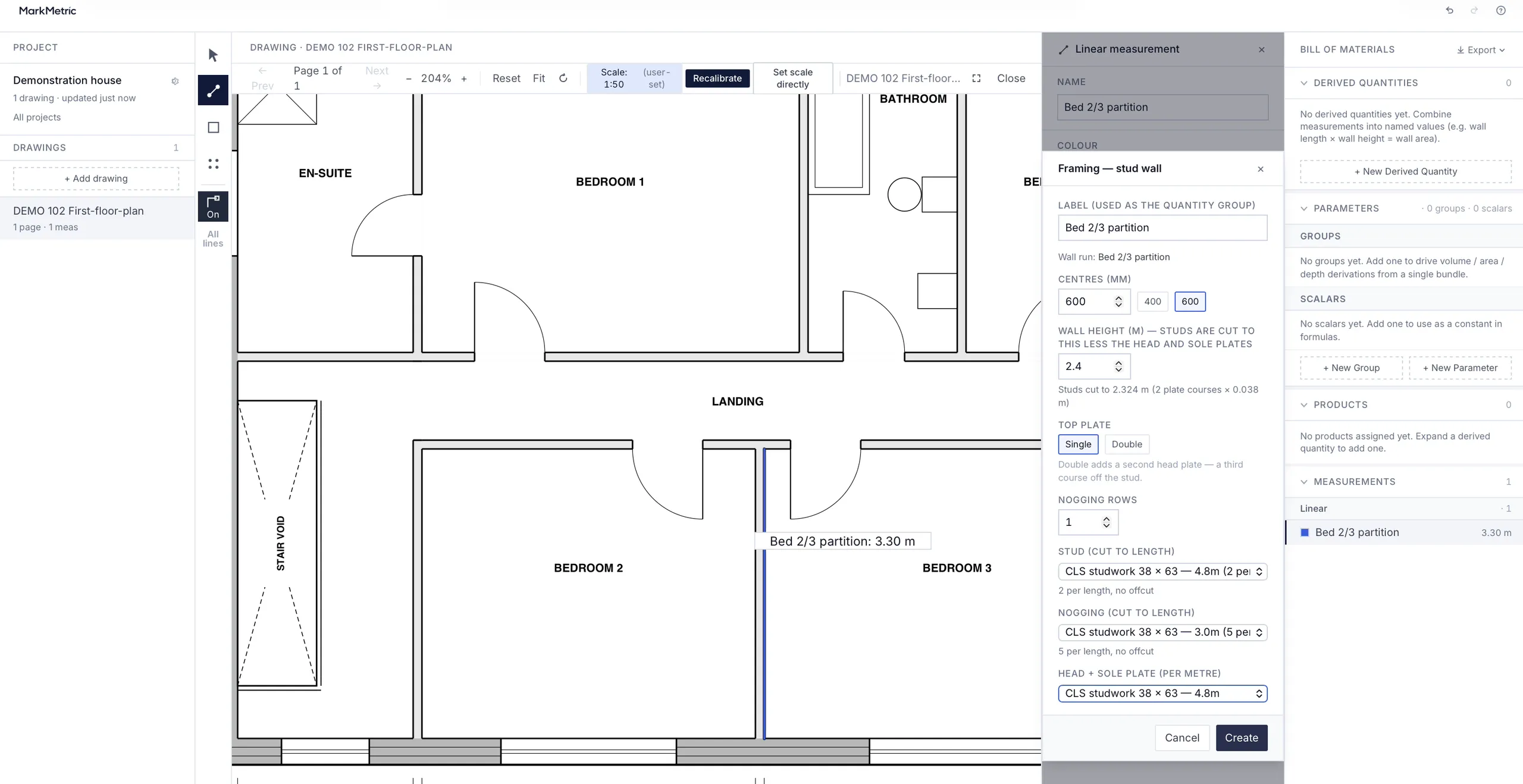 MarkMetric’s “Framing — stud wall” dialog for a 3.30 m partition: 600 centres, a 2.4 m wall with studs cut to 2.324 m, and CLS 38 × 63 studs from 4.8 m lengths, 2 per length with no offcut