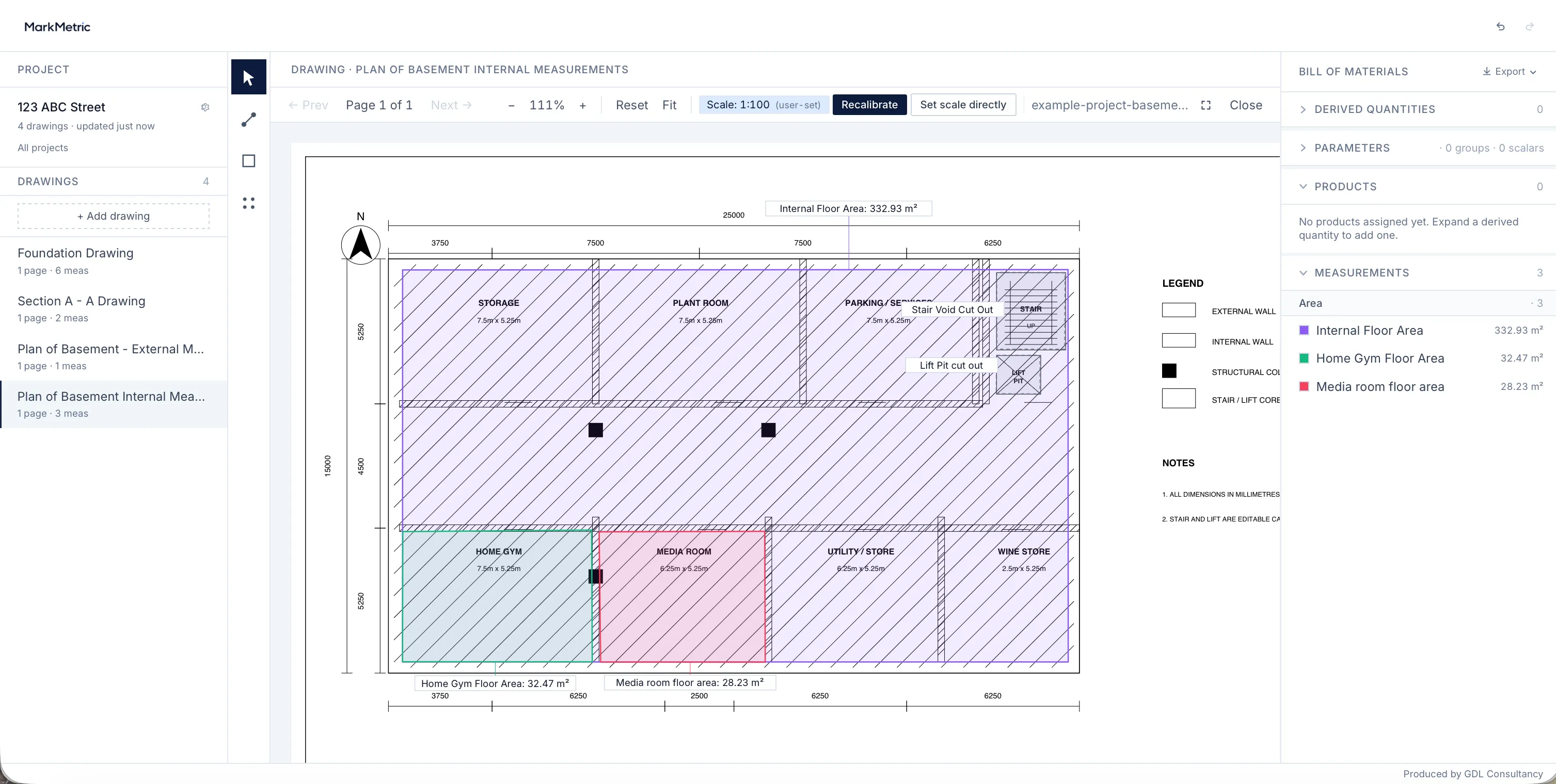 The MarkMetric workspace: a calibrated basement drawing with measured rooms and a live quantities panel.