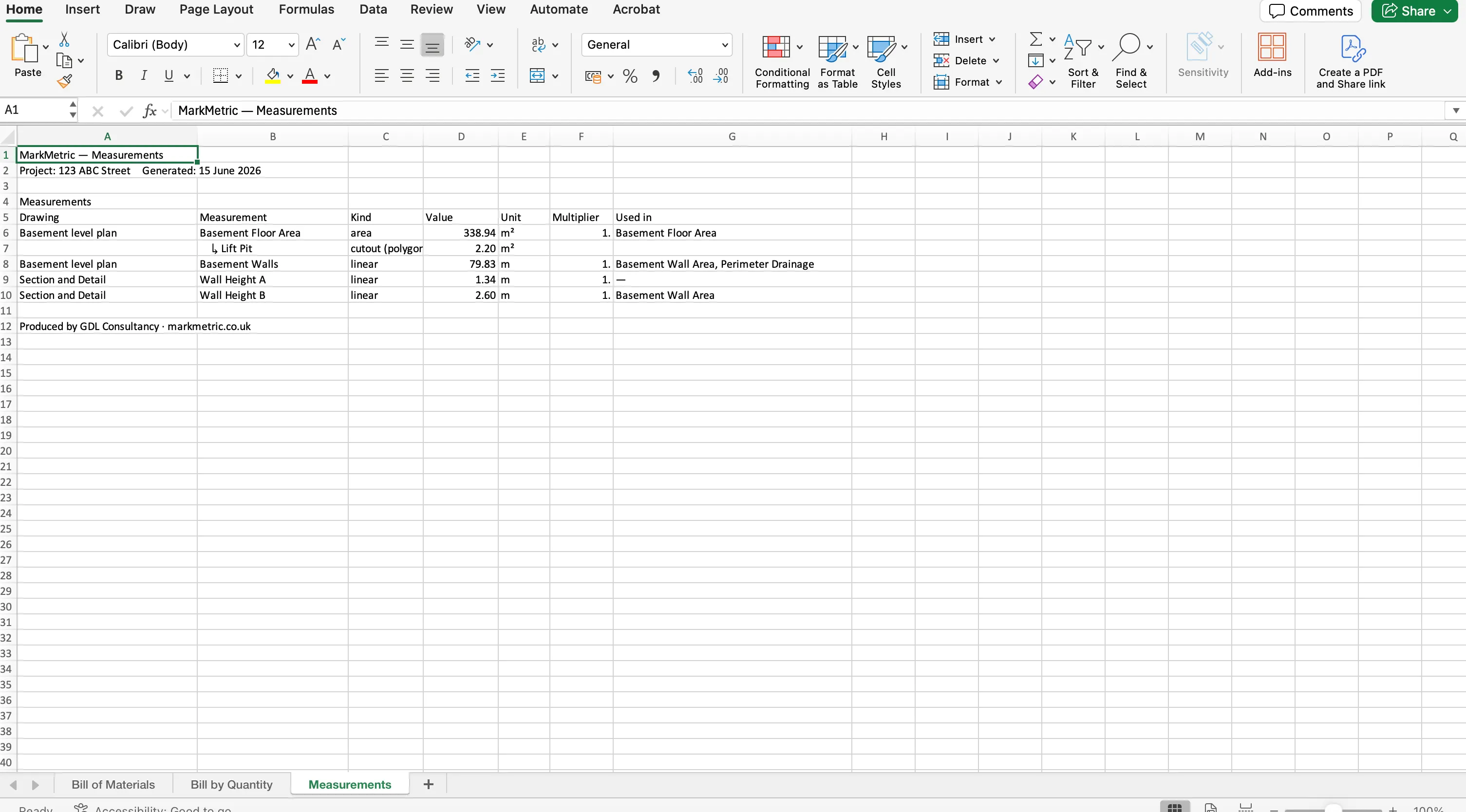 An Excel measurements audit sheet linking each measurement, its scale and source, to the quantities it feeds.