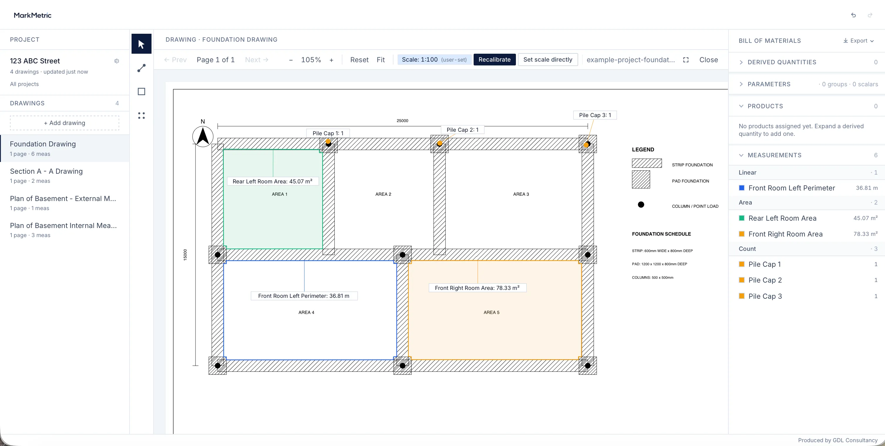 One MarkMetric project holding four drawings — foundation, details, and two basement plans — sharing a single building footprint.
