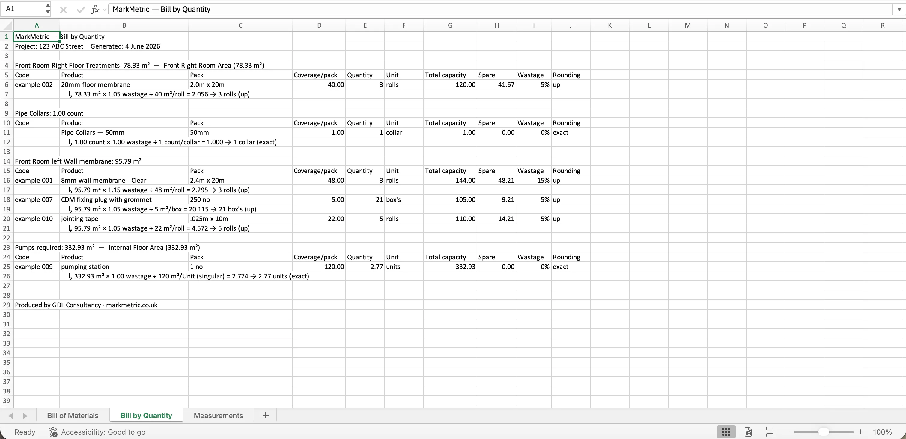 A costed bill of materials exported from MarkMetric measurements, with full calculation audit trail.