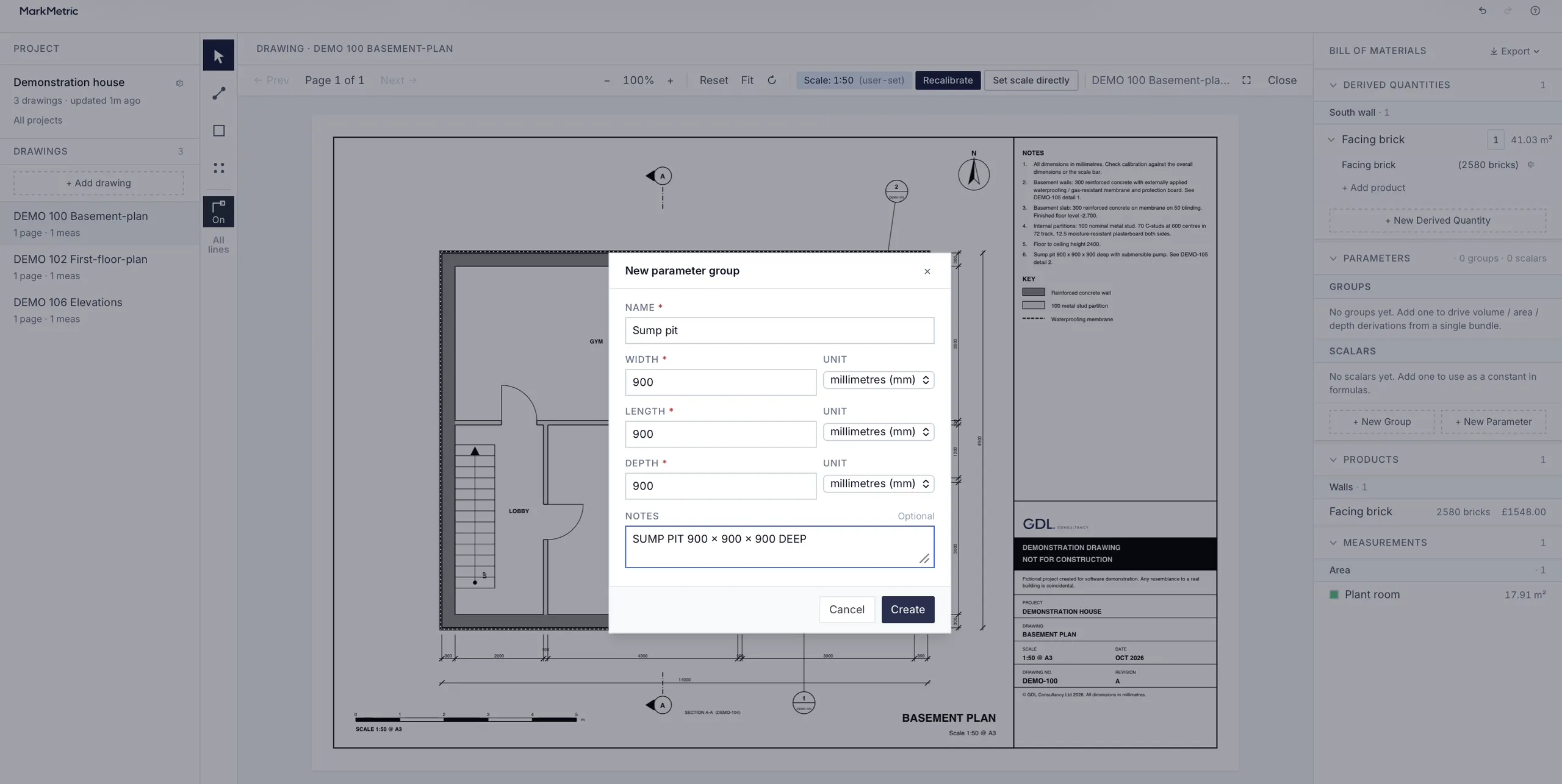 MarkMetric’s New parameter group dialog over the basement plan: Sump pit, width, length and depth each 900 mm, with the note “SUMP PIT 900 × 900 × 900 DEEP”