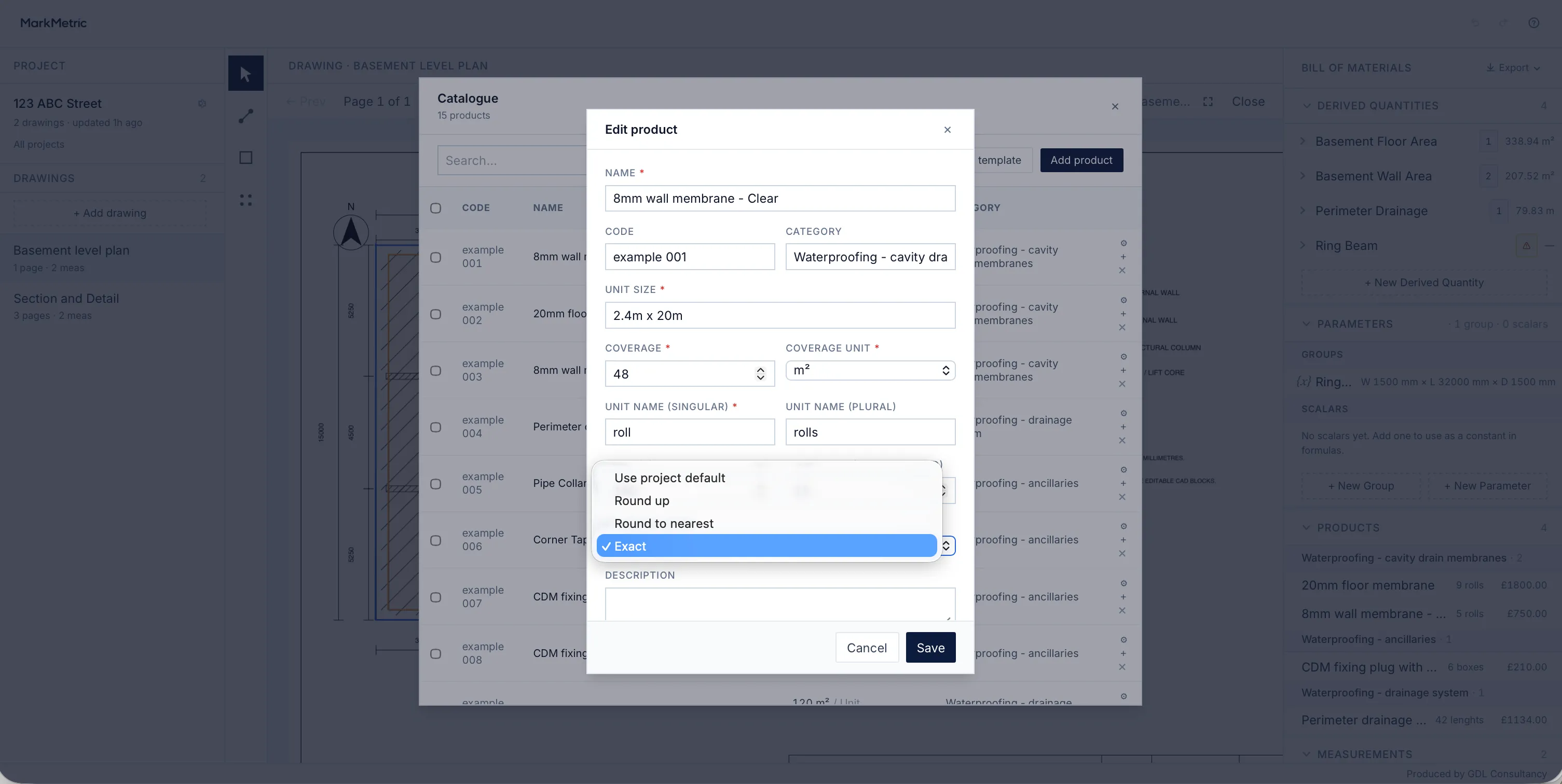 MarkMetric’s per-product editor with the rounding control open — round up, round to nearest, or exact