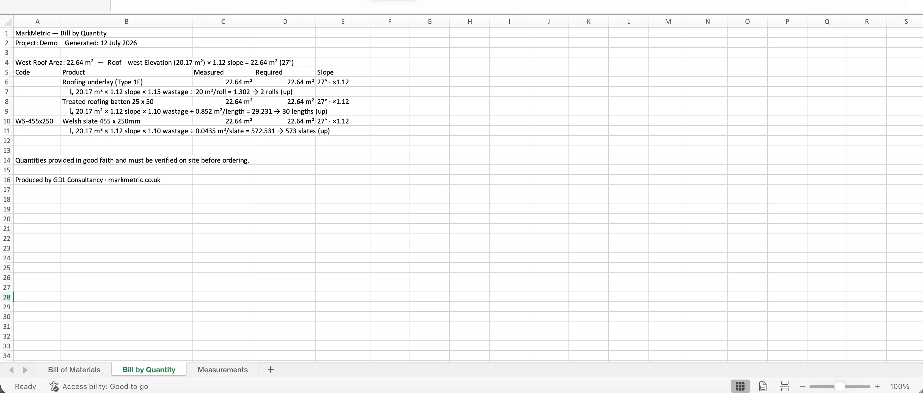 An Excel Bill by Quantity from MarkMetric showing footprint, slope factor, wastage, coverage and rounding for each roof line, with a Slope column