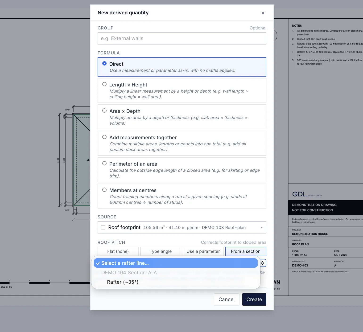 MarkMetric’s New derived quantity dialog for the roof footprint: the Roof pitch control with Flat, Type angle, Use a parameter and From a section, and Rafter (~35°) in the rafter picker