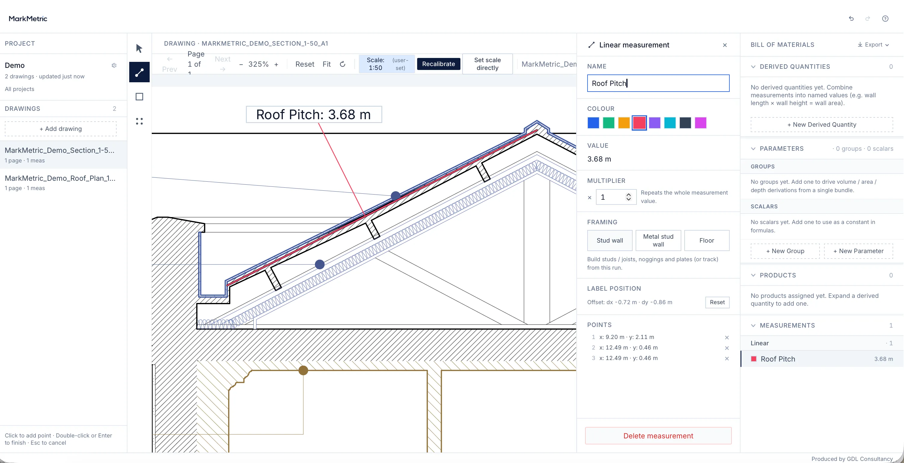 A Linear measured down a rafter on a MarkMetric section drawing, eave to ridge, with the pitch angle read from the line