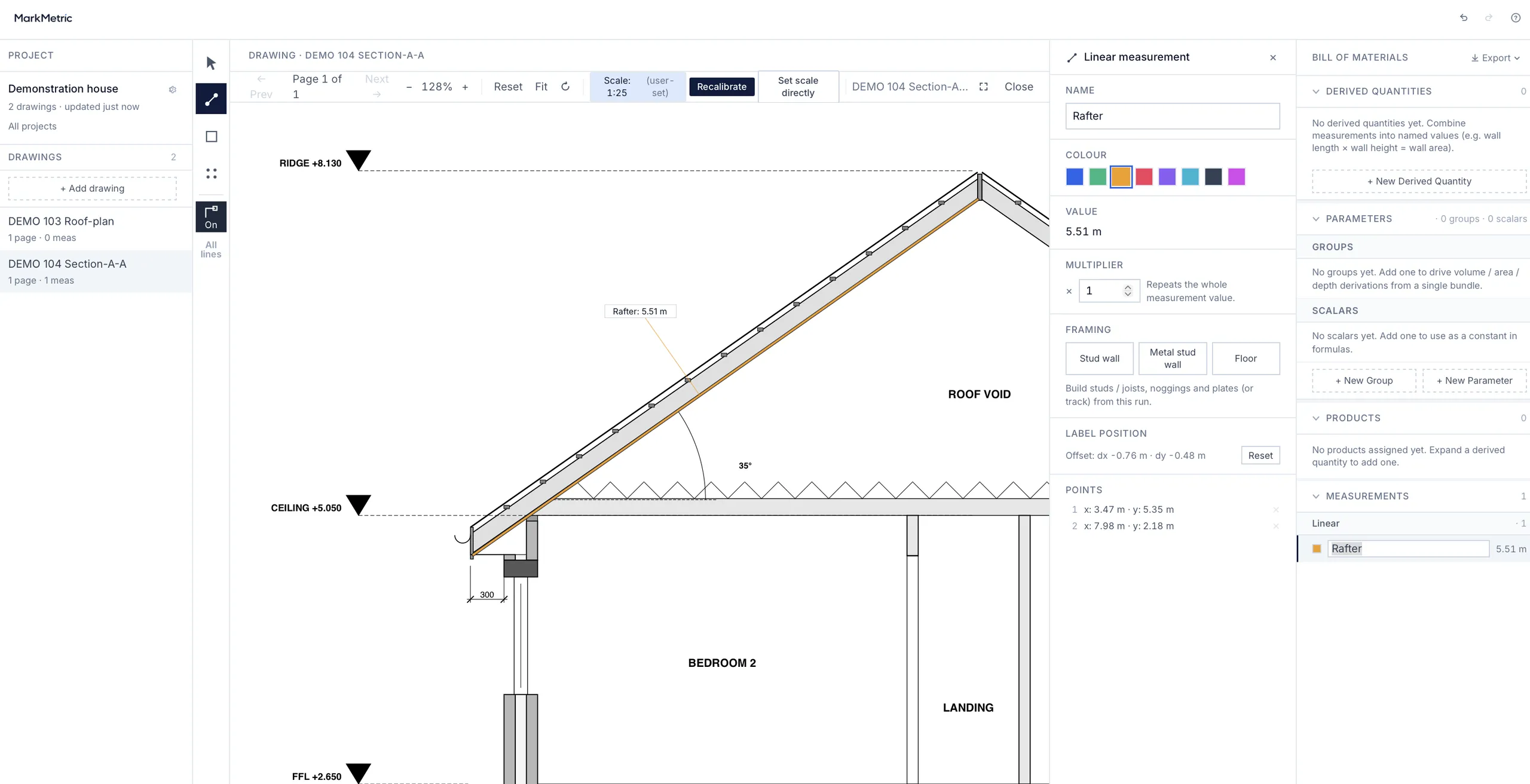 A Linear named Rafter measured down the rafter on a MarkMetric section drawing, eave to ridge, 5.51 m, with the 35° pitch marked on the section