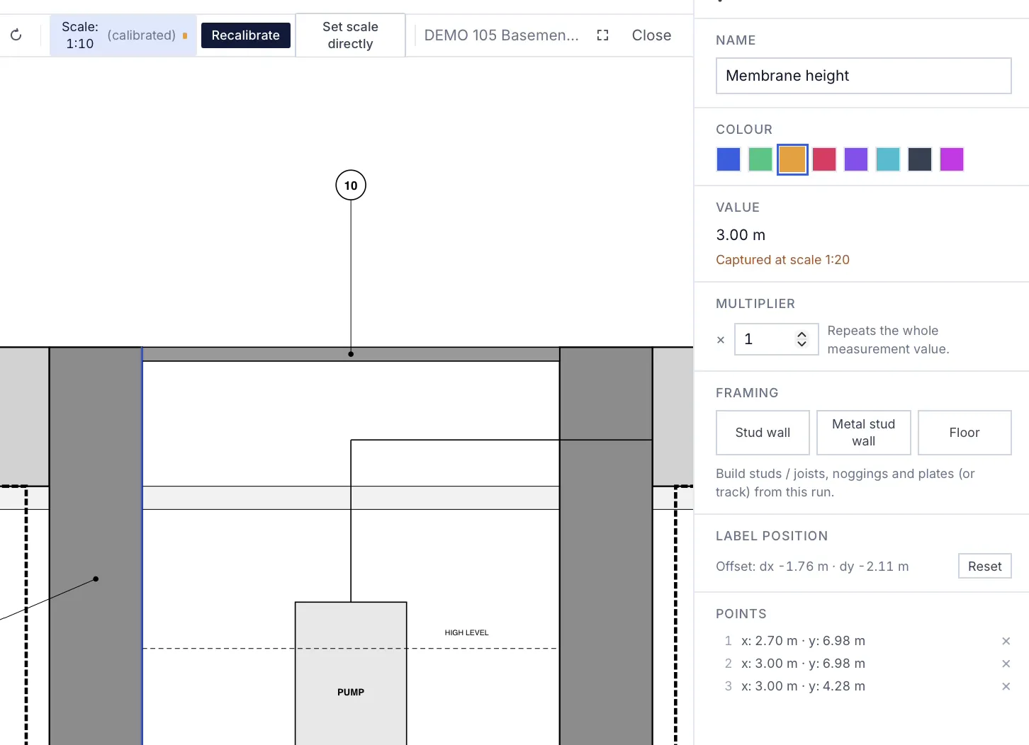 MarkMetric on a basement detail sheet now calibrated at 1:10, with the Membrane height measurement selected: 3.00 m, marked Captured at scale 1:20