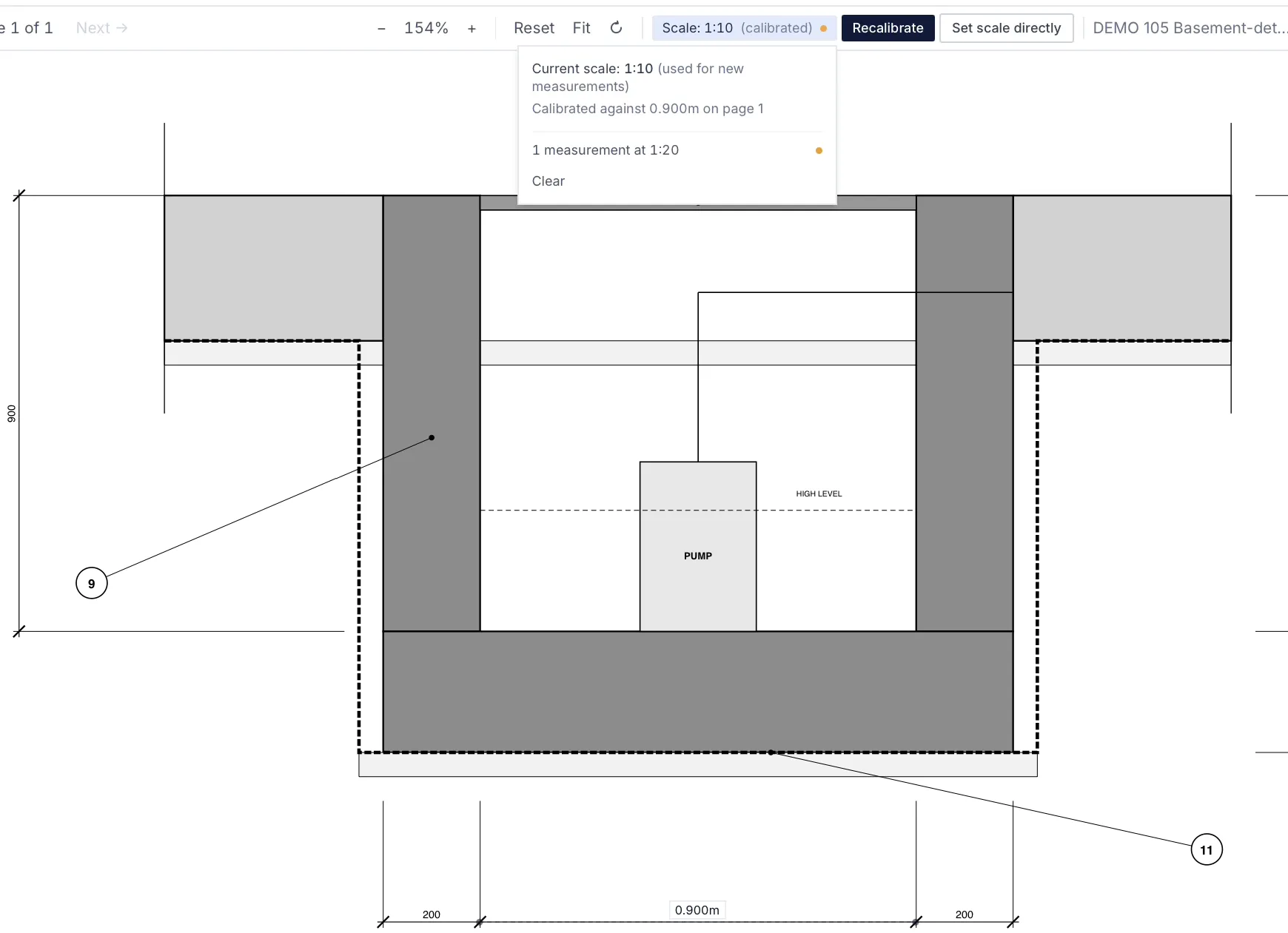 MarkMetric’s scale popover on a basement detail sheet: current scale 1:10, calibrated against the 0.900 m dimension, and 1 measurement at 1:20.