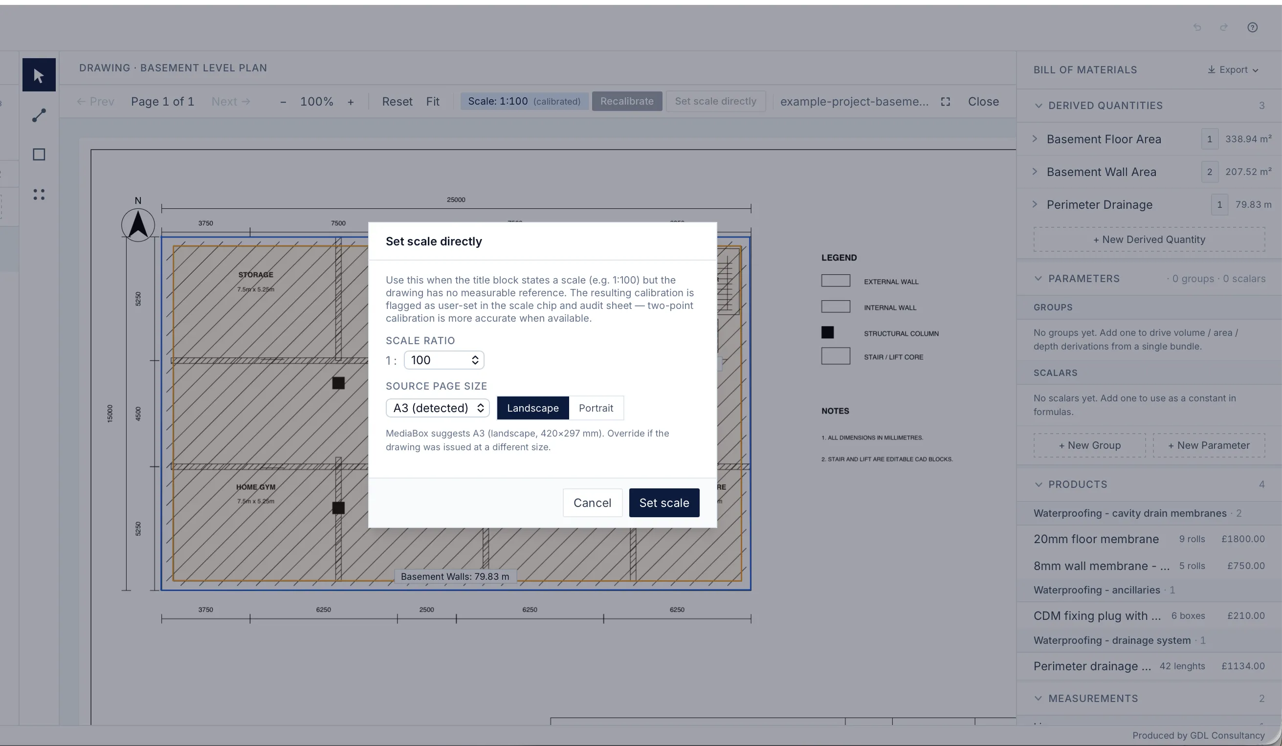 Setting the scale directly from the stated ratio and page size when no measurable reference exists.