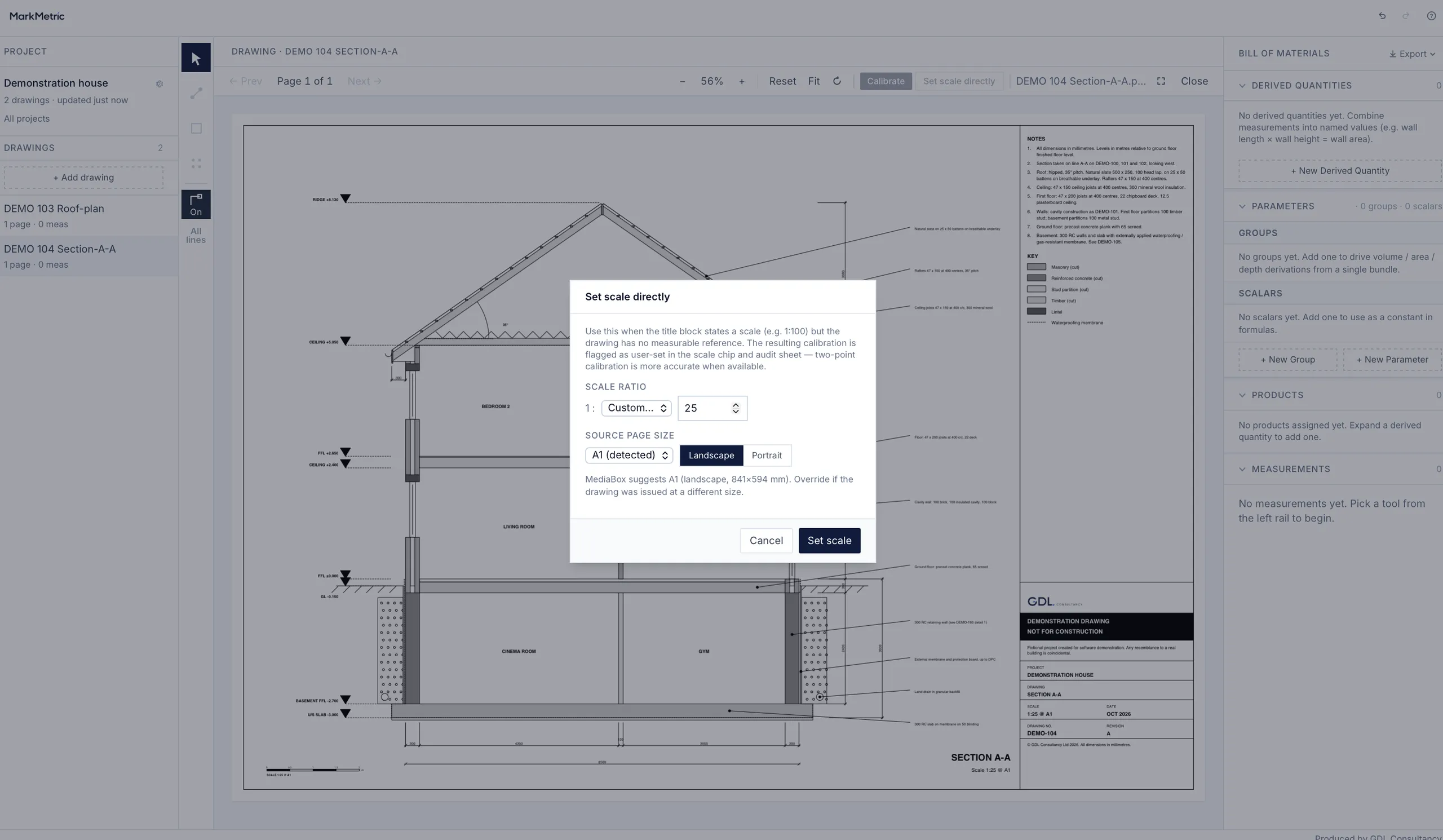 Setting the scale directly from the stated ratio and page size when no measurable reference exists.
