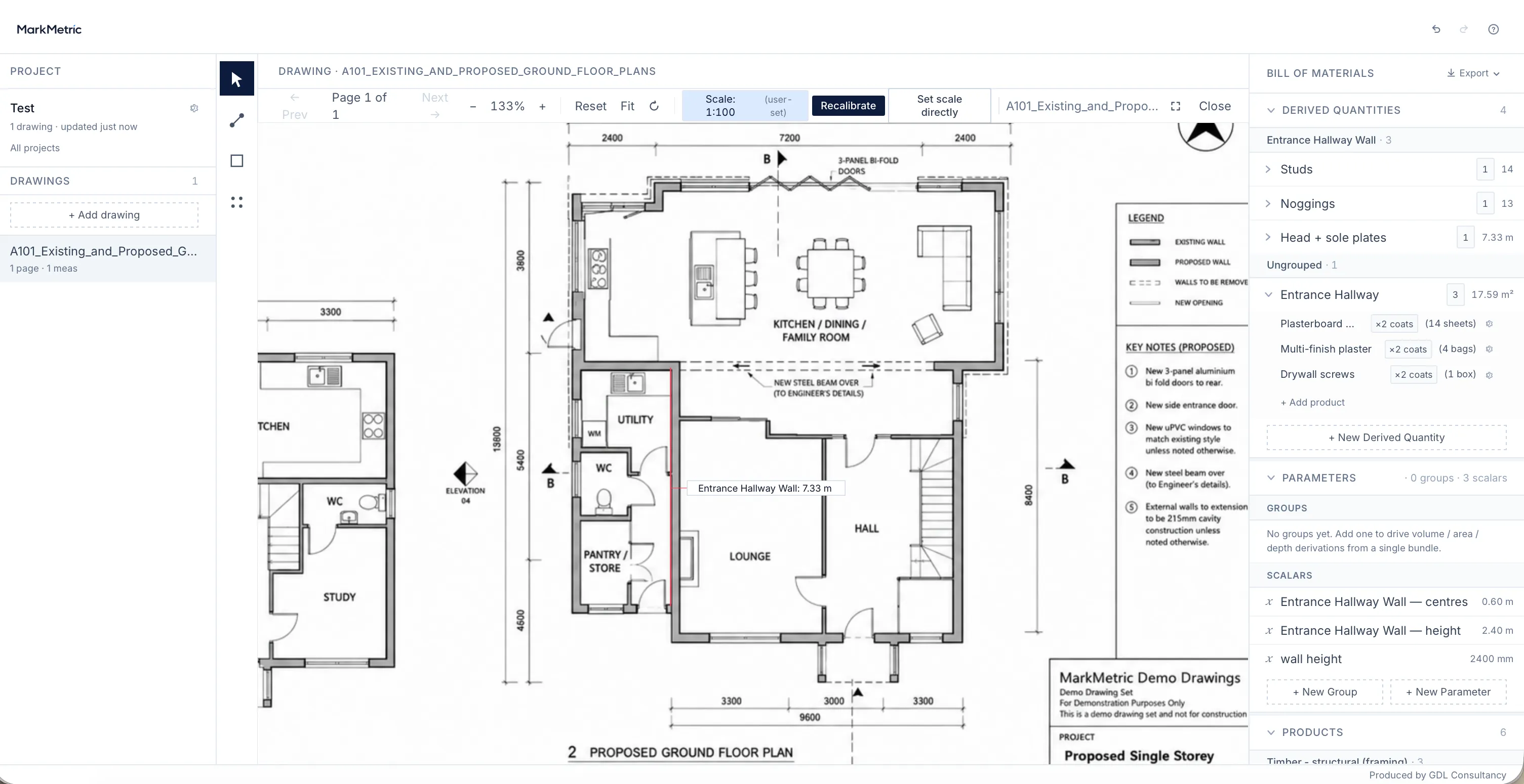 A MarkMetric take-off with board, plaster and screws priced alongside the frame in one Bill of Materials, plasterboard set to two coats for both faces