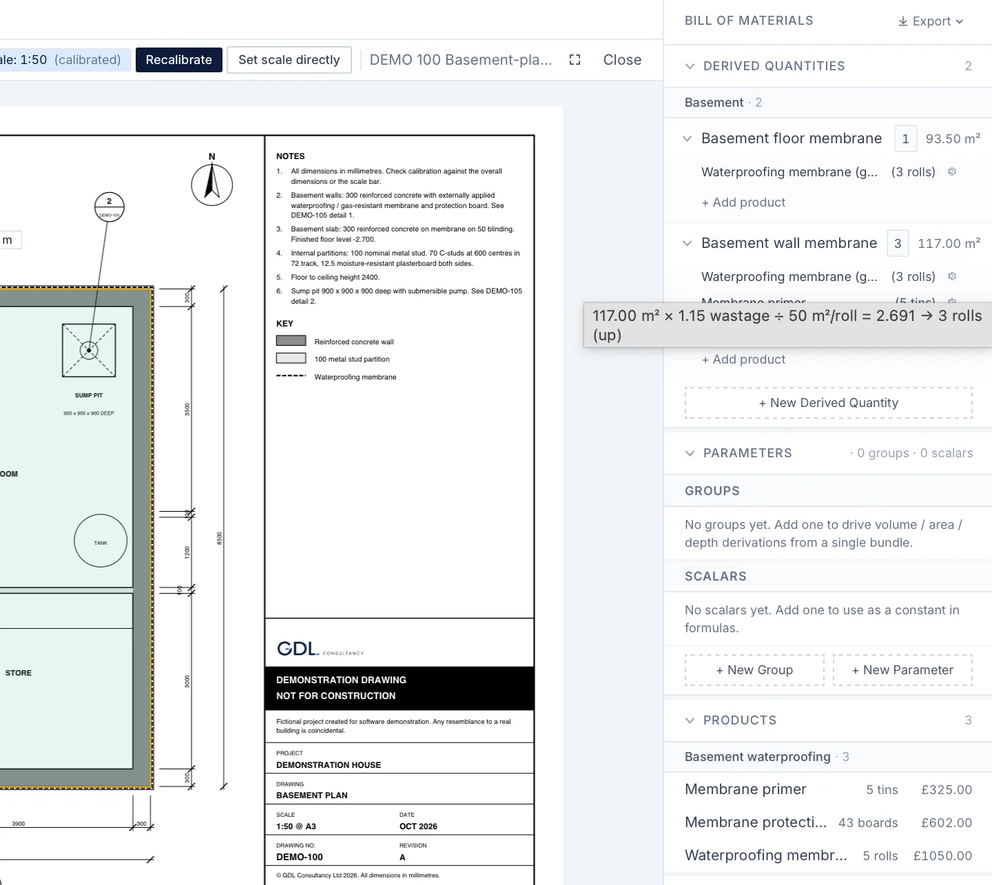 MarkMetric showing the working for a membrane quantity: 117.00 m² × 1.15 wastage ÷ 50 m² per roll = 2.691, rounded up to 3 rolls
