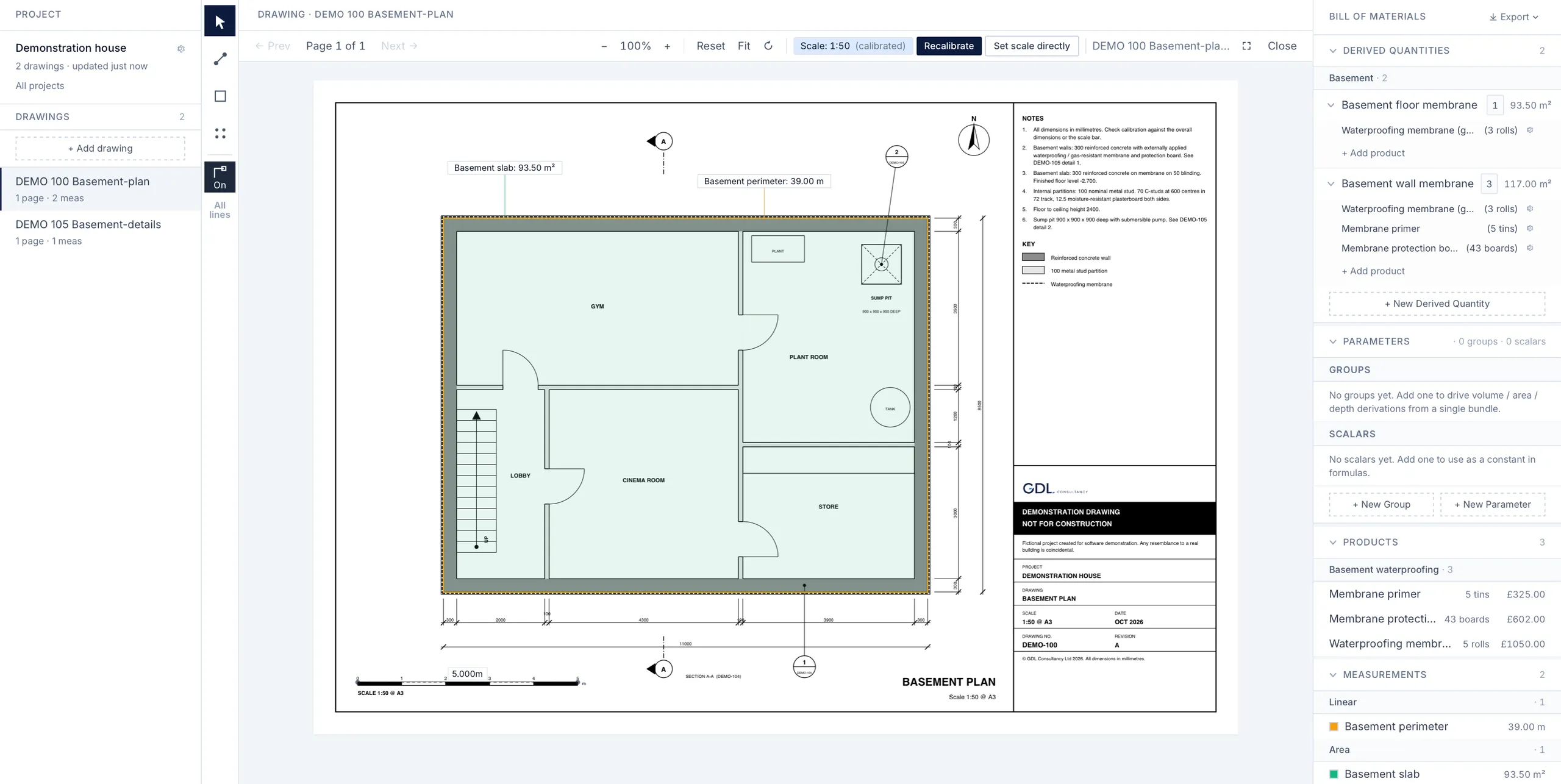 The MarkMetric workspace: a basement plan calibrated at 1:50, with a 93.50 m² slab and a 39.00 m perimeter measured on it, feeding the derived quantities and a priced bill of materials that includes 5 rolls of membrane